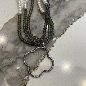 Fresh Water Pearl/Amber Crystal/ Rhinestone Quatrefoil Necklace
